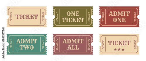 Vintage Retro Admission Tickets Set, Old Cinema and Event Passes, Antique Color Paper Coupons Collection for Theater, Fair, Concert and Festival Graphic Use