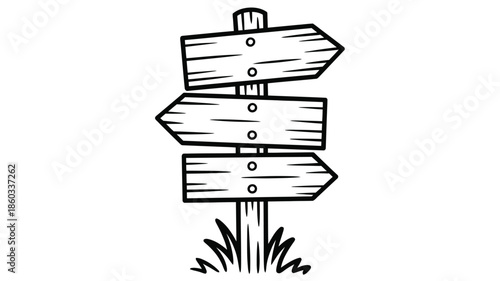 A simple black and white illustration of a wooden signpost with three arrows