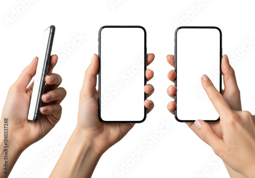 professional caucasian woman's hand holding a matte black smartphone with a transparent screen, displayed in a triptych studio mockup on a transparent background. concept for mobile app advertising