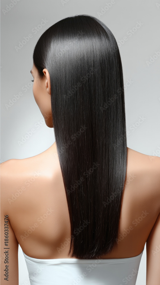 Naklejka premium Sleek straight black hair woman back view healthy shiny smooth hairstyle beauty model studio