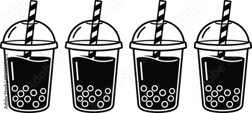 Outline Vector Icon Set Featuring Iced Bubble Tea Cups with Domed Lids Striped Straws and Boba Pearls for Cafe Branding