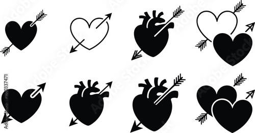 Black heart and arrow icon set featuring love romance anatomy heart symbols minimal vector silhouettes isolated on white background