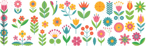 Cute colorful flat flower vector collection with playful botanical elements spring floral icons isolated modern decorative design set
