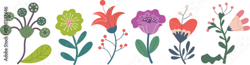 Cute colorful hand drawn floral vector set with whimsical flowers leaves isolated modern botanical illustration decorative design elements