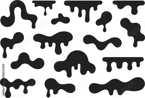 Black liquid drip shapes collection, abstract paint slime blobs silhouettes, melting ink drops design elements, grunge fluid illustration set