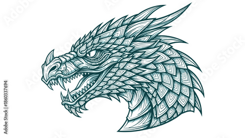 Detailed Dragon Head Illustration with Scales and Sharp Teeth.