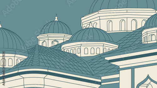 Detailed Illustration of Mosque Domes and Architecture.