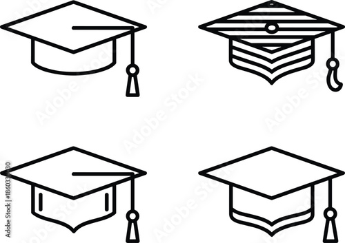 Outline Vector Icon Set Featuring Traditional Graduation Caps and Mortarboards with Tassels for Academic Achievement and Educational Branding