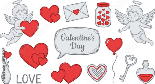 Valentine day doodle set with hearts cupid angels love letters jars balloons romantic hand drawn vector elements collection for design