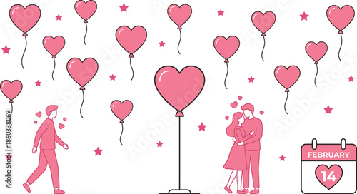 Valentine day illustration with heart balloons romantic couple love celebration february fourteen vector design for greeting cards posters banners prints