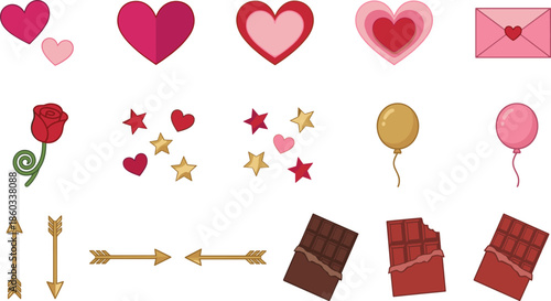 Valentine decorative icons set hearts roses balloons chocolate arrows envelopes romantic celebration vector elements for greeting cards design templates prints