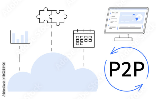 Cloud computing, file sharing, data management, technology integration, peer-to-peer networks, collaboration. Visual of a cloud, graphs calendar puzzles P2P text. Cloud computing and file sharing