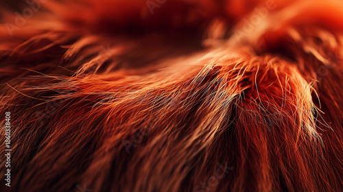 Luxury Red Fur Texture Background in Warm Light, Extreme Macro Close-Up of Soft Hair Fibers, Abstract Natural Pattern, Rich Warm Tones, Elegant Textile and Fashion Concept