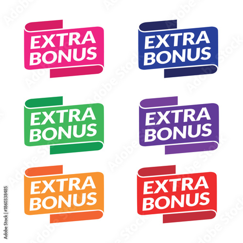 Set of six colorful labels and banners with the text 'EXTRA BONUS' for special offers and promotions