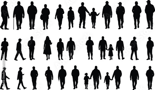 Silhouette illustration, diverse people group, standing poses, family figures, walking gestures, child and adult, social interaction, black vector art, human posture reference
