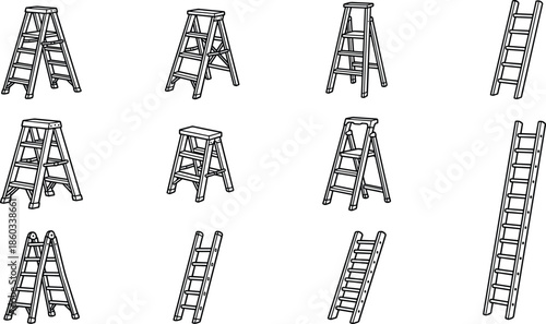 Outline Ladder Icons Collection Featuring Step Ladders Folding Ladders and Extension Ladders Construction Maintenance Safety Line Vector Illustration Isolated on White Background