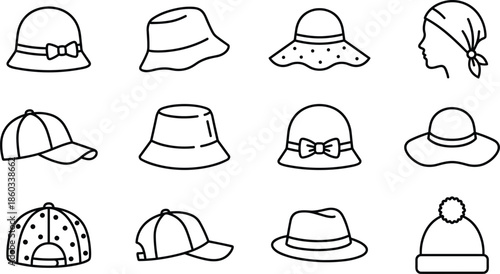 Outline Hat Icons Collection Featuring Caps Beanies Fedora Bucket and Scarf Minimal Flat Vector Illustration Isolated on White Background