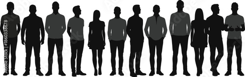 Silhouette illustration, diverse standing people, casual posture, black and gray figures, character variation, human outline, vector art, group composition, lifestyle concept, body language