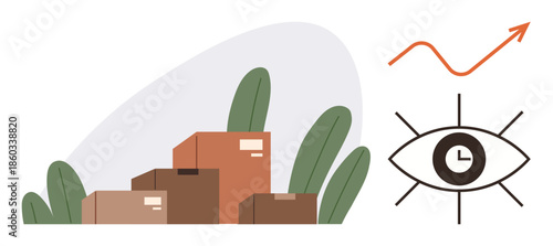 Cardboard boxes stacked near green leaves, eye with clock symbol, upward arrow. Ideal for logistics, time management, growth, strategy, trends productivity efficiency. Simple flat metaphor
