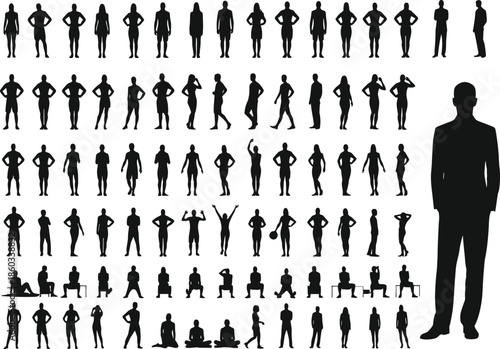 Silhouette illustration, human poses collection, standing figures, sitting positions, dynamic gestures, formal stance, body language, character design, posture study, black vector art