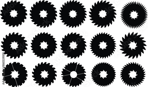 "Collection of Saw Blade Illustrations, Various Blade Designs, Black and White, Vector Art for Industrial and Manufacturing Projects"