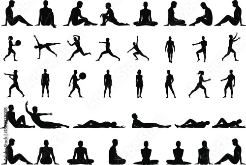 Silhouette illustration, people in various poses, seated standing jumping, posture variation, physical activity, black vector art, gesture reference, character design, motion study, lifestyle concept