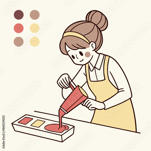 Woman making soap in kitchen, pouring liquid into mold