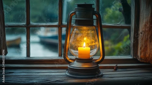Vintage lantern with candle by a window at dusk