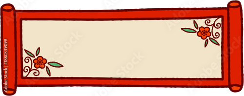 Scroll Banner with Plum Blossoms Vector Illustration