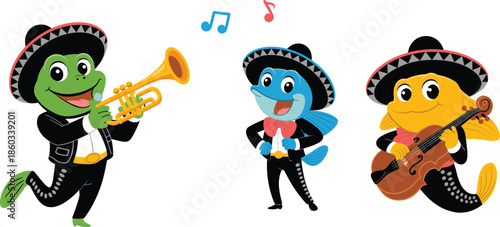 Colorful cartoon fish mariachi band playing trumpet guitar wearing sombrero, Mexican music celebration vector illustration festive fun characters children design