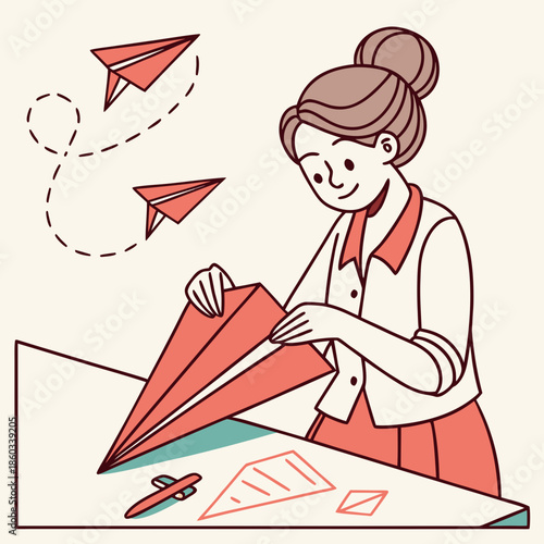 Woman folding paper airplane with toy planes flying