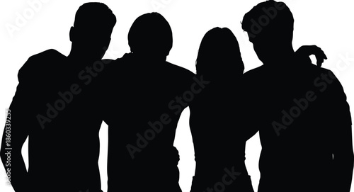 Silhouette of four people standing together in unity and solidarity