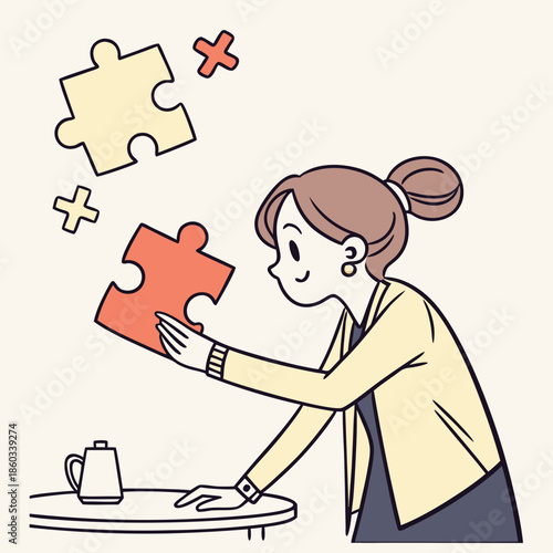 Woman holding puzzle piece and looking for solution