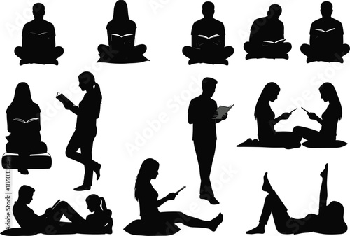 Silhouette illustration, people reading books, sitting poses, standing poses, relaxing positions, group reading, solo reading, education concept, leisure activity, black vector art