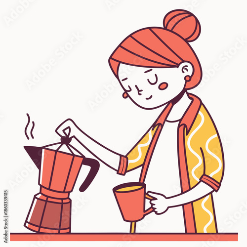 Woman making coffee with moka pot and mug