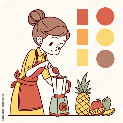 Woman making fruit smoothie in kitchen with blender