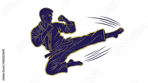 Dynamic Karate Master Executing a Flying Kick with Precision.