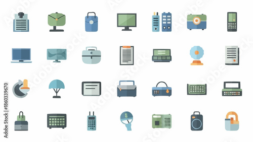 Collection of Vintage and Modern Office and Communication Equipment Icons.