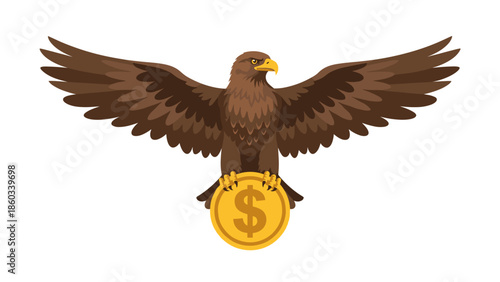 Eagle Holding Dollar Coin with Spread Wings Illustration.