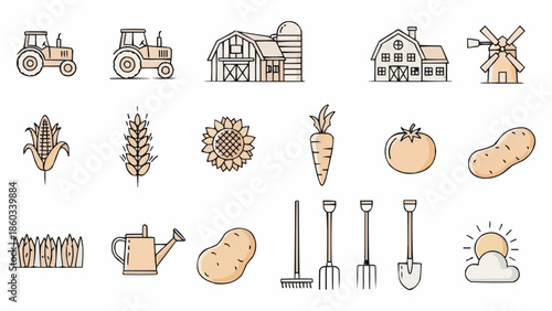 Collection of farm icons and symbols for agriculture and rural life.
