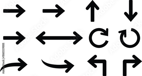 Bold Arrow Direction Icons Set Featuring Straight Curved Circular and Refresh Arrows Minimal Black Vector Illustration Isolated on White Background