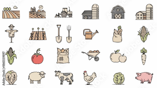 Collection of Farm Icons and Symbols Representing Agriculture.