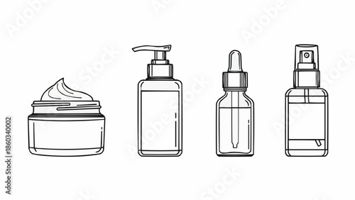 Collection of cosmetic bottles and jar in line art style.