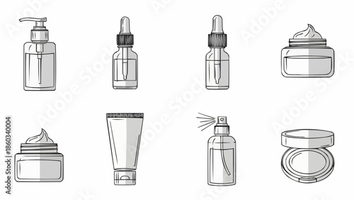 Collection of cosmetic bottles and jars for skincare products.