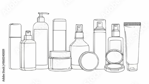 Collection of cosmetic bottles and containers for beauty products.