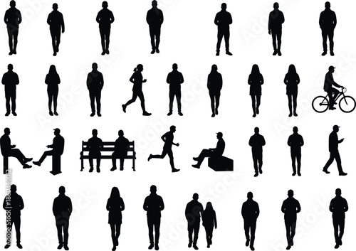 Silhouette illustration, people walking and sitting, posture variation, human interaction, bicycle figure, black vector art, gesture reference, lifestyle concept, character design, motion study