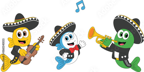 Cute cartoon mariachi fish band playing guitar trumpet and singing, colorful Mexican music characters illustration isolated on white background