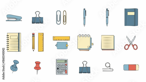 Collection of colorful stationery items for office and school.