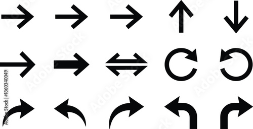 Bold Arrow Direction Icons Set Including Straight Curved Circular Refresh and Turn Arrows Minimal Black Vector Illustration Isolated on White Background