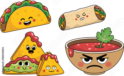 Cute cartoon Mexican food characters set, taco burrito nachos salsa bowl, funny kawaii fast food illustration, colorful smiling cuisine icons